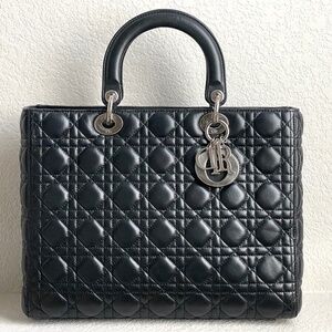 Christian Dior Black Lamb Leather Lady Dior Top Handle Tote Bag